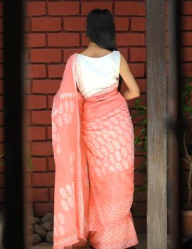 Khadi Peach Block Printed Saree