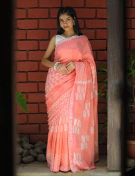 Khadi Peach Block Printed Saree