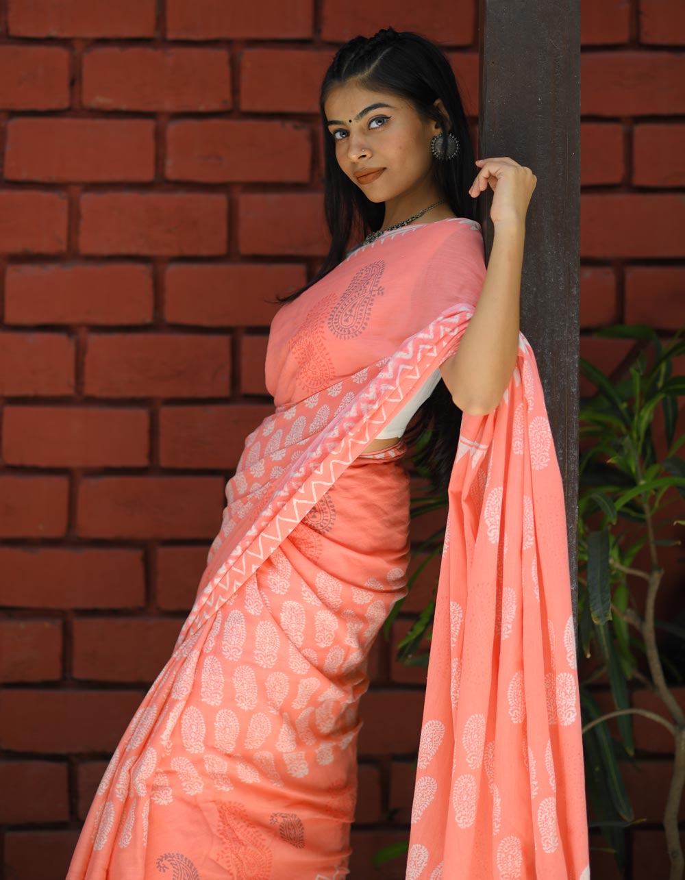 Khadi-Peach-Block-Printed-Saree-Side