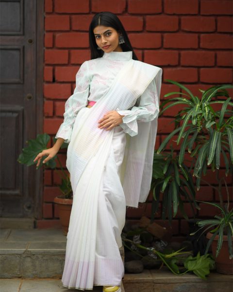 Khadi Soft Pastel Block Printed Saree