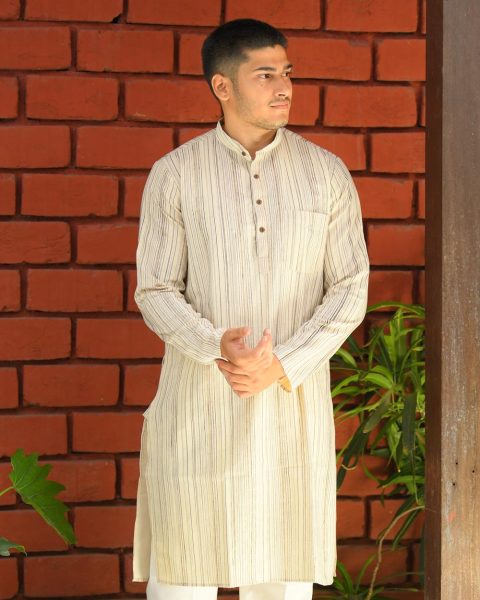 Off-White Striped Khadi Kurta