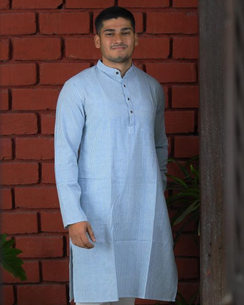 Striped Light Blue Khadi Kurta