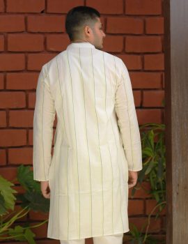 White Khadi Kurta with Yellow & Navy Stripes