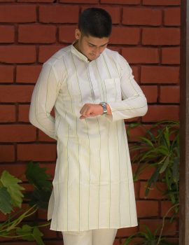 White Khadi Kurta with Yellow & Navy Stripes