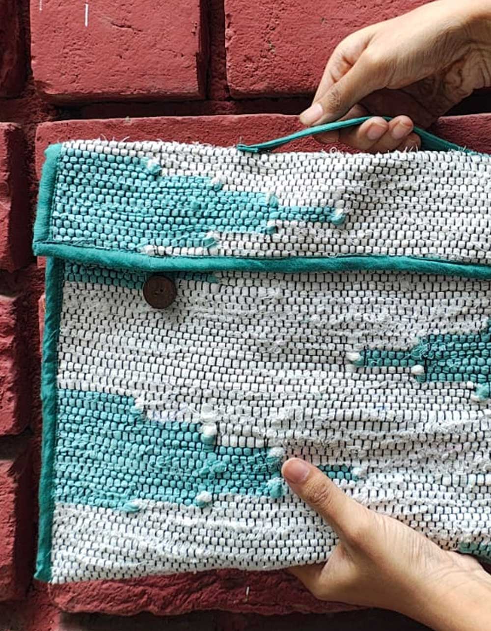 Upcycled-Laptop-Cover-(Teal-Green)-Close