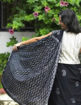 Khadi Black Elegance Paisley Handblock Saree