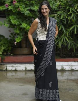 Khadi Black Elegance Paisley Handblock Saree