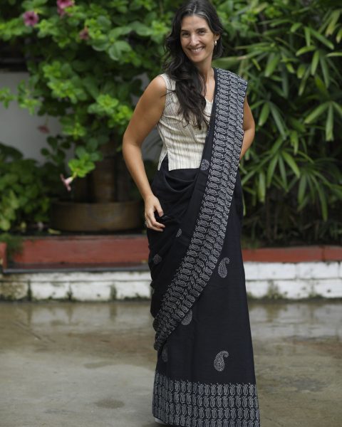 Khadi Black Elegance Paisley Handblock Saree